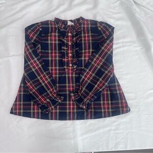 🎄 Crewcuts Girls Holiday Plaid Ruffle Blouse 10 | Red Navy Tartan Top NWOT